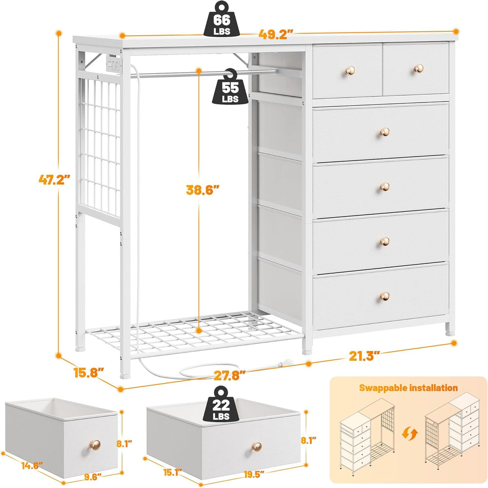 EnHomee 49.2" W Dresser with Hanging Rack & 6 Drawers, Grid Panel &a...