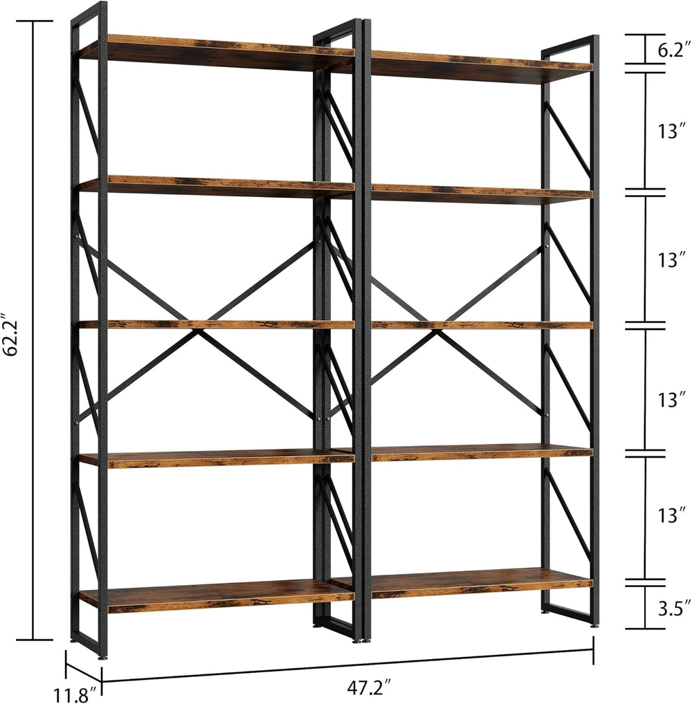 Shintenchi 5 Tiers Bookshelf, Classically Tall Bookcase Shelf, Industrial Boo...