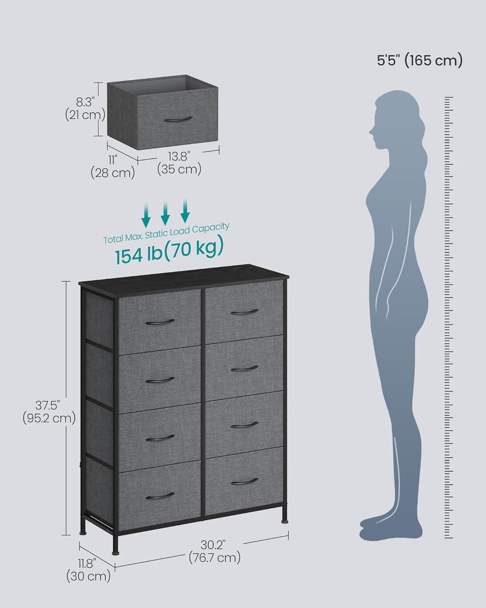 SONGMICS Dresser for Bedroom, Tall Dresser with 8 Fabric Drawers