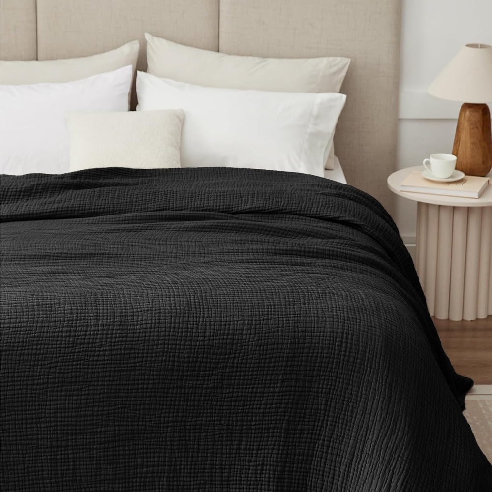 100% Cotton Muslin Blanket for Adults, 6-Layer Twin Throw, 60 x 80, Black