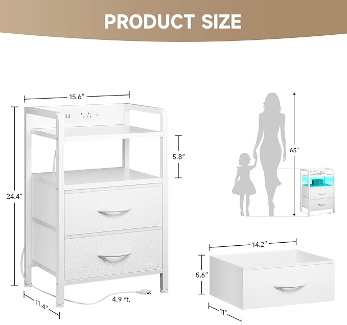 Night Stand Bedside Table Bedroom - White Nightstand with Charging Station &a...