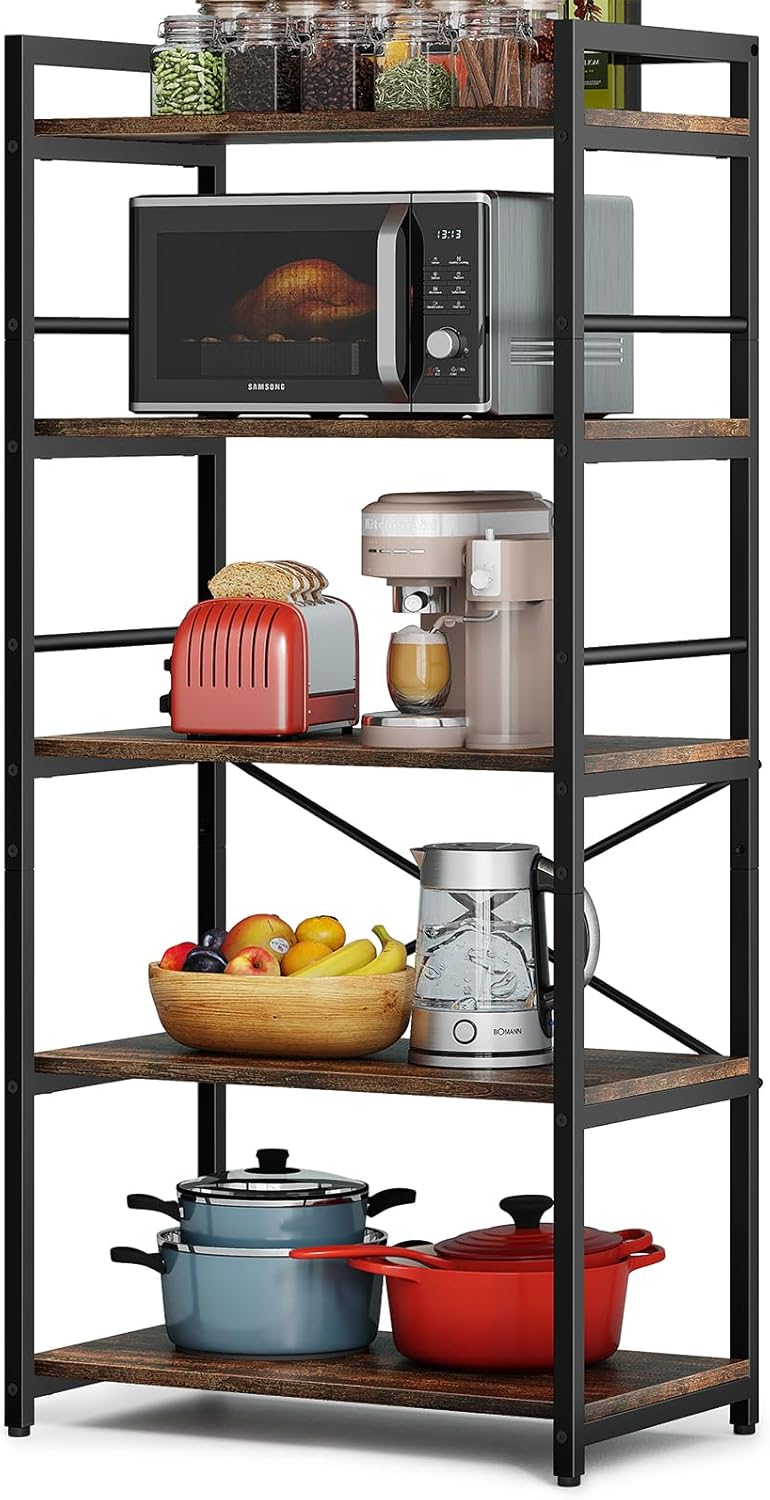 Denkee 5-Tier Bakers Rack for Kitchen with Storage, Industrial Microwave Stan...