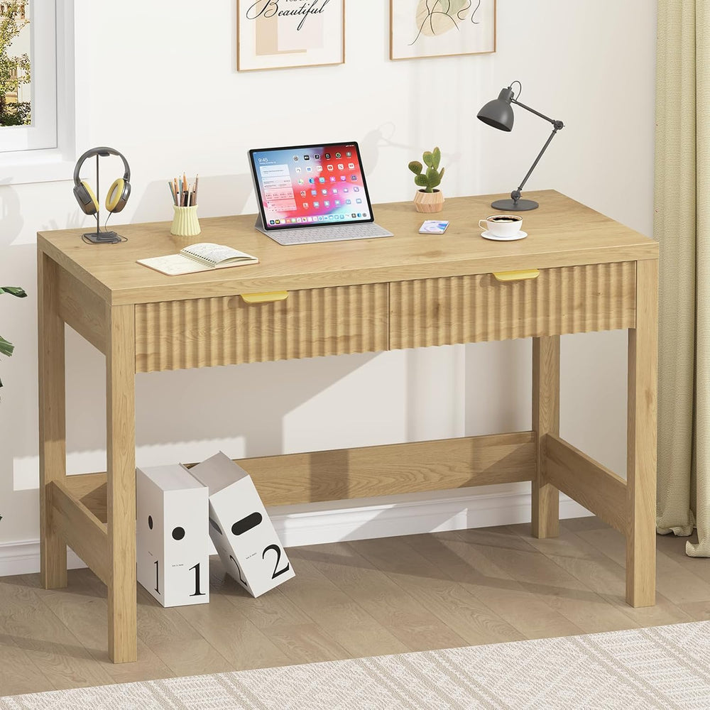 YOMILUVE Fluted Computer Desk with 2 Drawers, 39 Inch Small Computer Desk wit...
