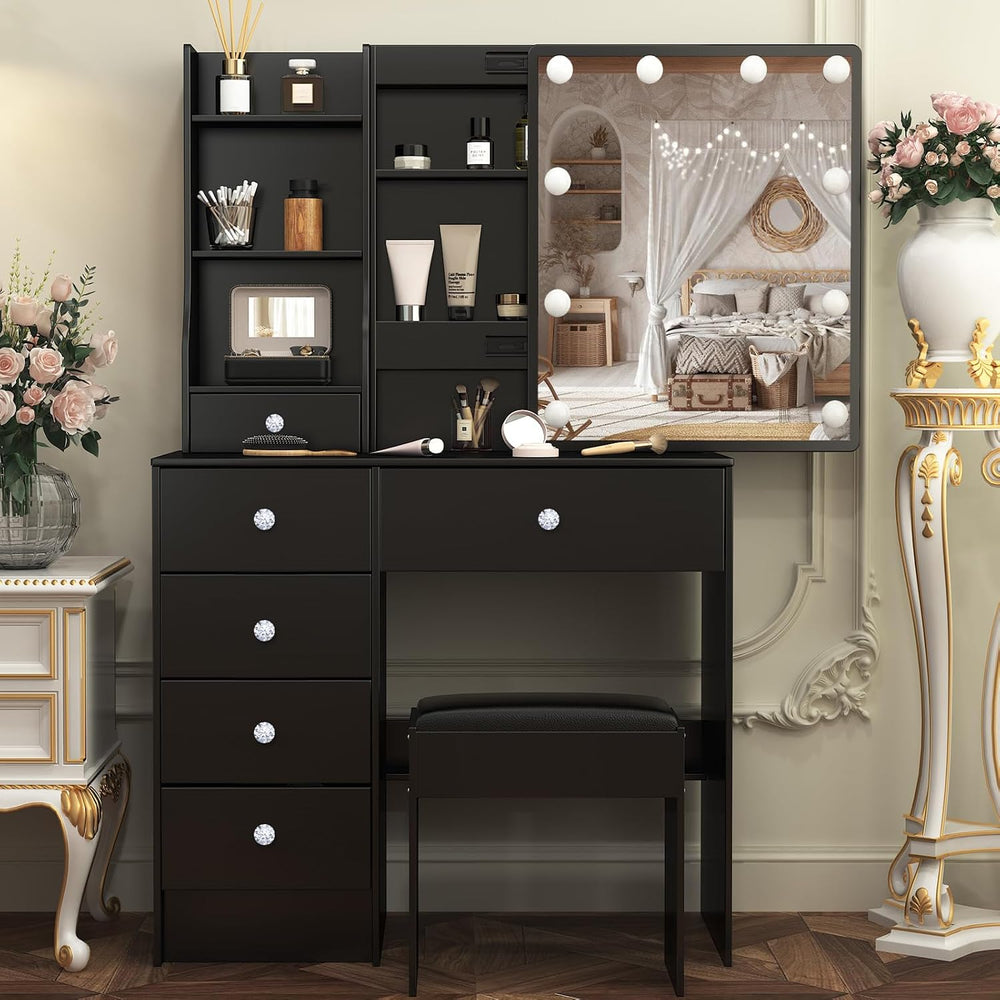 Umeiga Black Vanity Desk with Sliding Mirror and Lights, Small Makeup Vanity ...