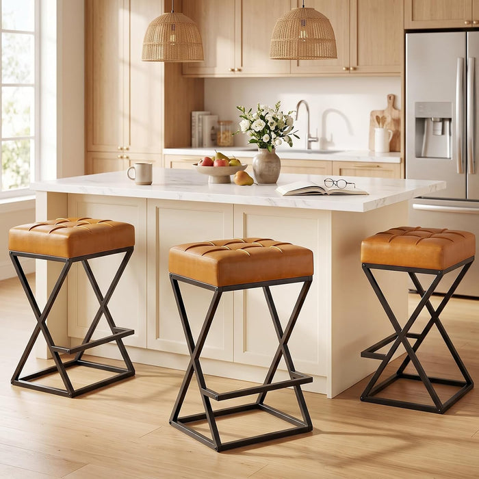 Bar Stools Set of 3, 26 Inch Counter Height Stool Faux Leather Brown