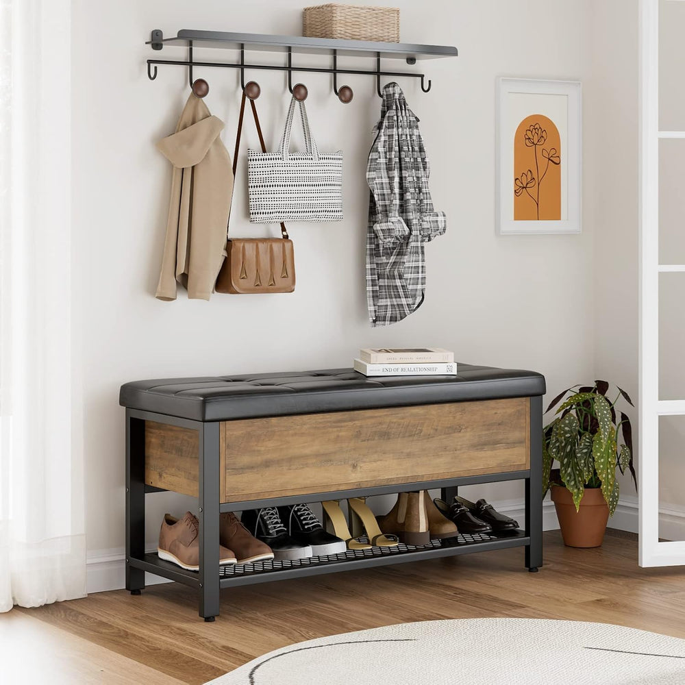HOSTACK 40" W Storage Bench, Entryway Shoe Bench with Cushion, Rustic Brown