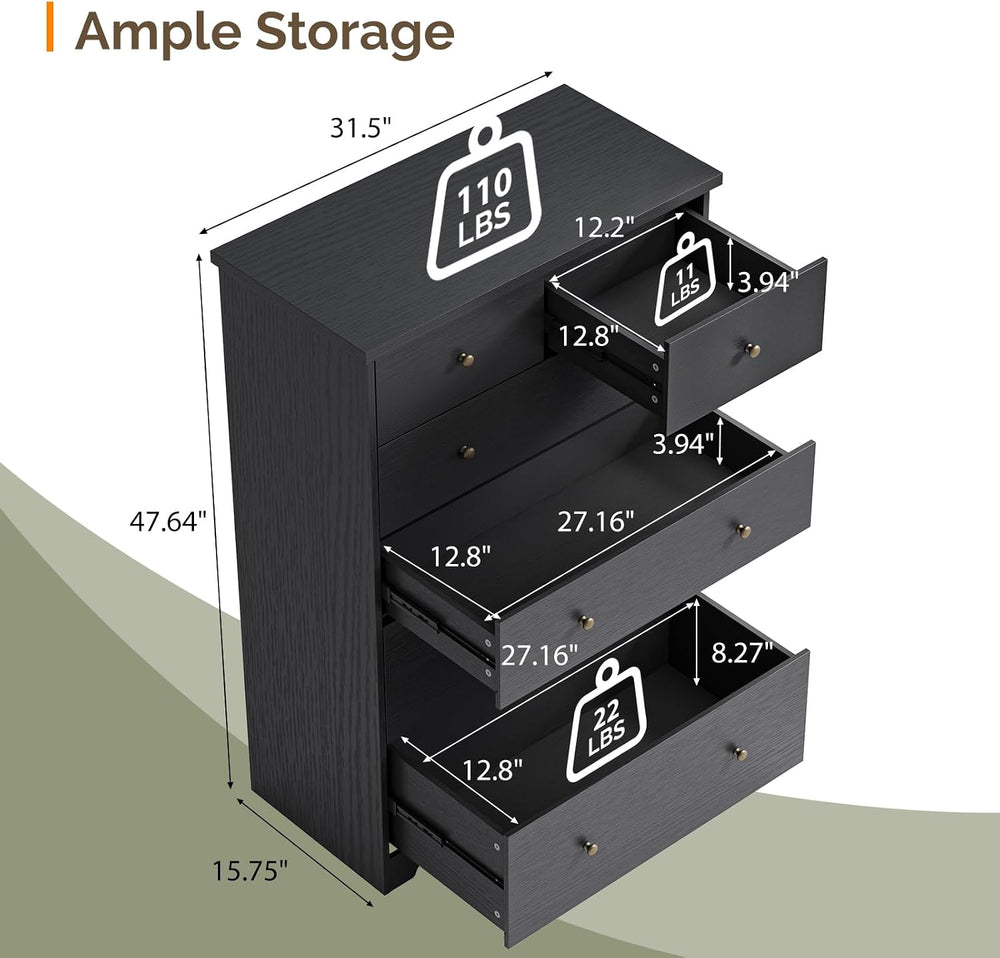 VINGLI 31.5"W Tall Black Dresser 6 Drawer Tall Black Chest of Drawers Deep