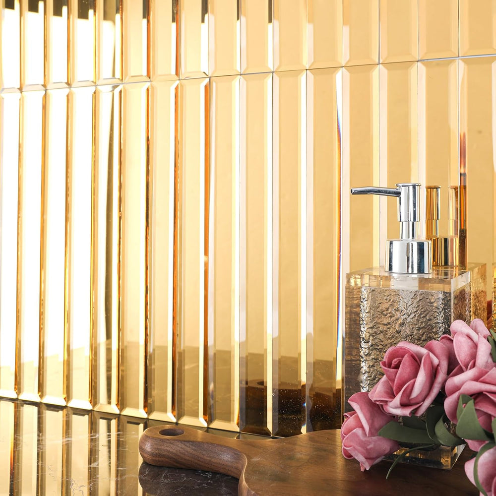 Diflart Peel and Stick Mirror Backsplash Tile, Gold, 11.8 x 11.8 Inch, Bevele...