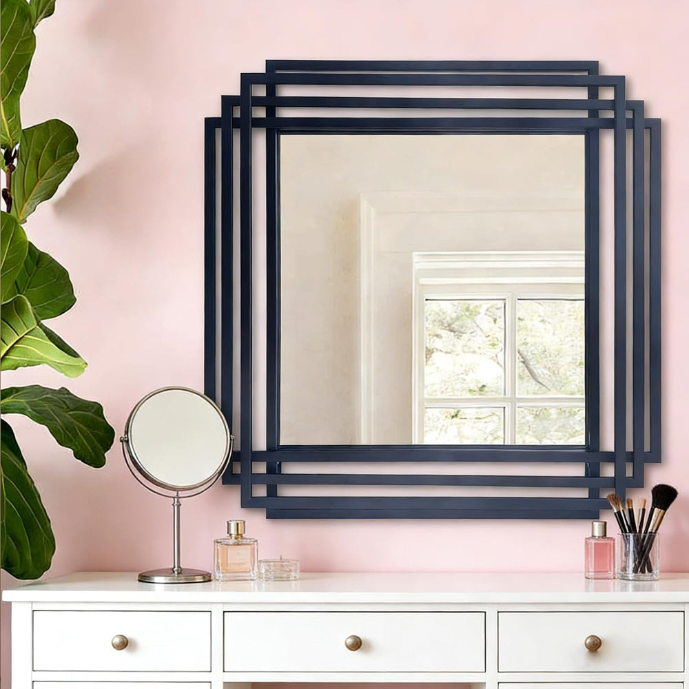 24"x24" Square Decorative Wall Mirror with Black Geometric Frame