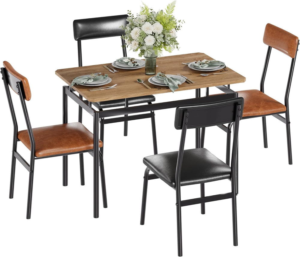 Takywep Dining Table Set for 4 – Wooden Kitchen Table with 4 PU Upholstered C...