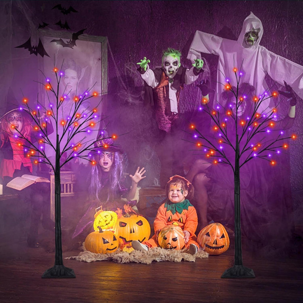 2 Pack 4FT Halloween Lighted Black Tree with 100 LED Orange & Purple Lights