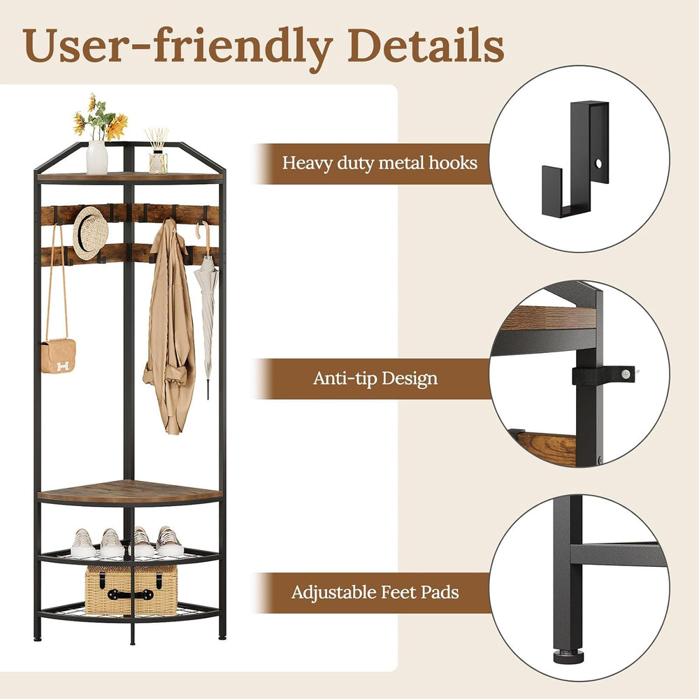 GiftGo Corner Hall Tree with Shoe Bench Entryway Coat Rack with 10 Metal Mova...