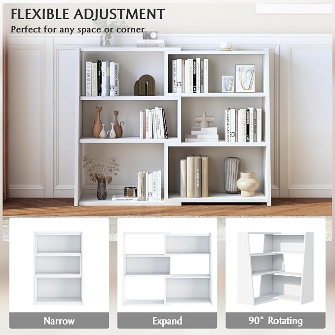 IOTXY Wooden Extendable Shelf Bookcase - 3-Tier Ladder Low Short Bookshelf fo...