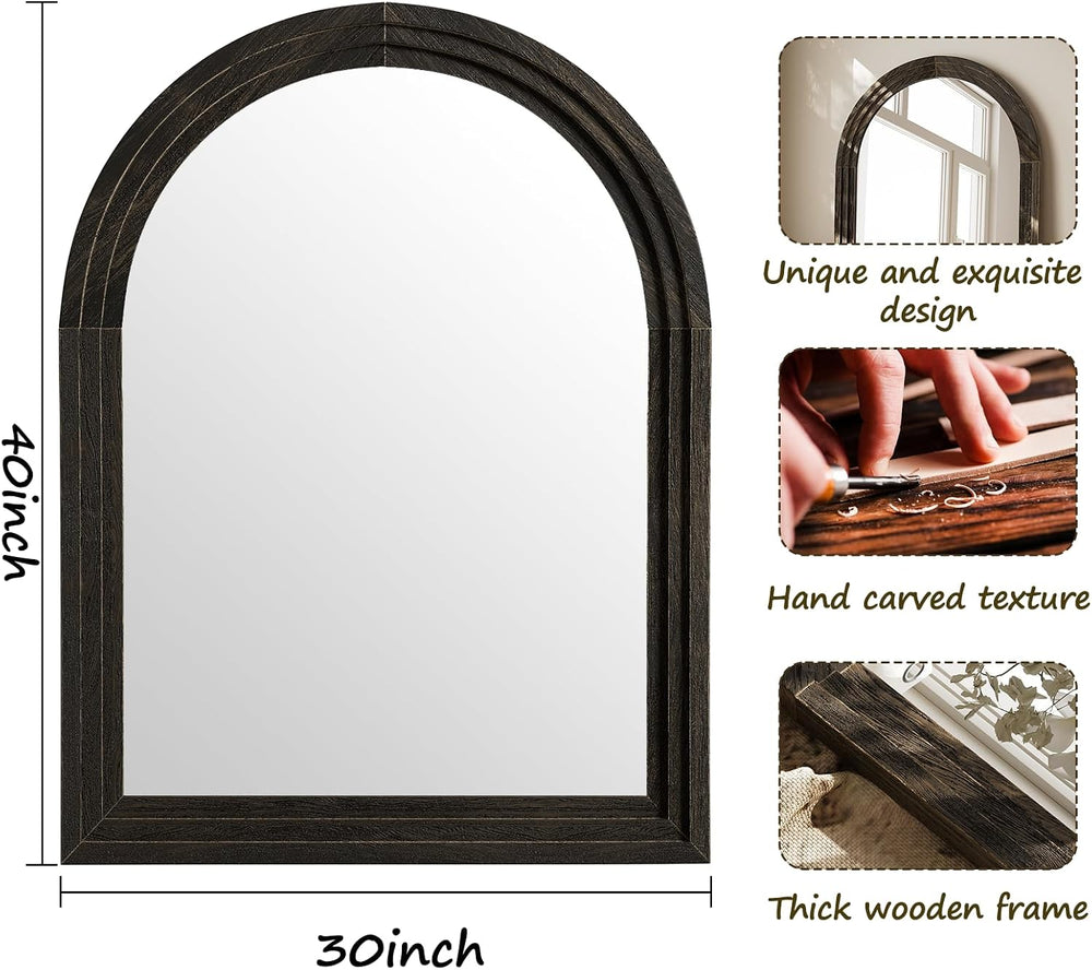 40" x 30" Solid Wood Arched Framed Bathroom Mirror, Brown