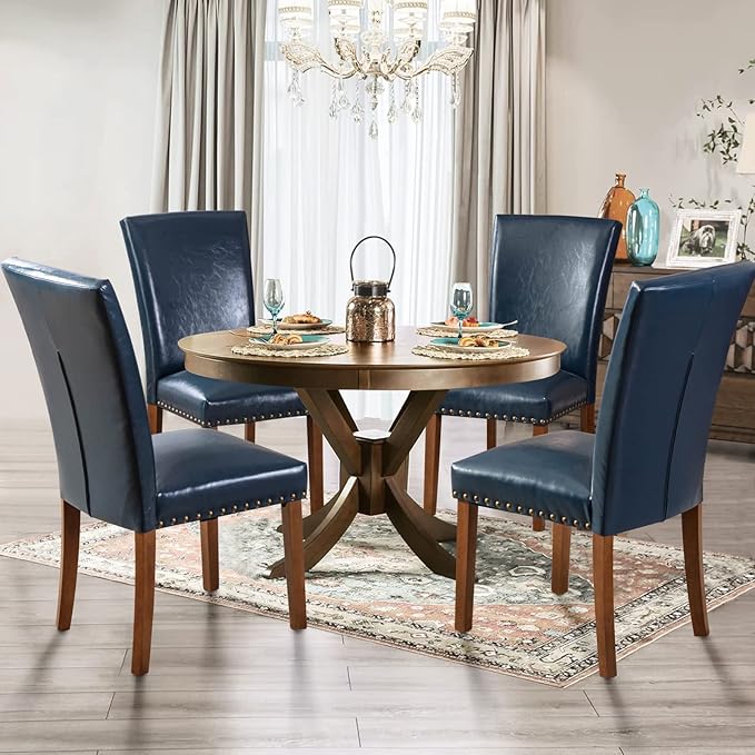 Parsons Dining Chairs Set of 4, Upholstered Nailhead PU Leather Dining Room K...
