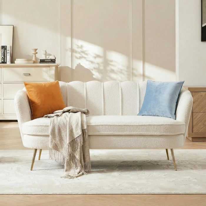 59" Wide Loveseat Sofa, Chenille Upholstered Small Couch | Petal-Shaped Design, Modern Leisure Sofa with Gold Metal Legs, 450LBS Solid Support, Mini Room Couch for Bedroom, Ivory