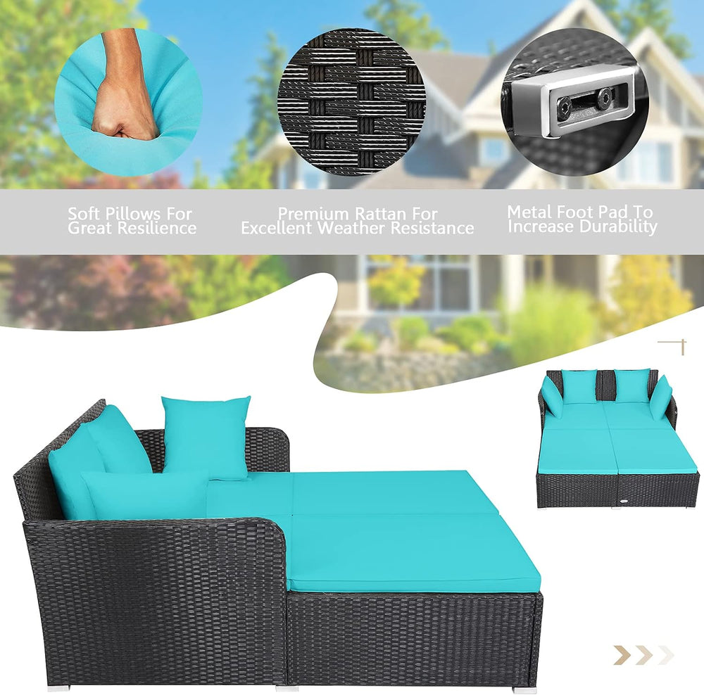 HAPPYGRILL Outdoor Rattan Daybed, Patio Sunbed Sofa Set with Cushion & Pi...