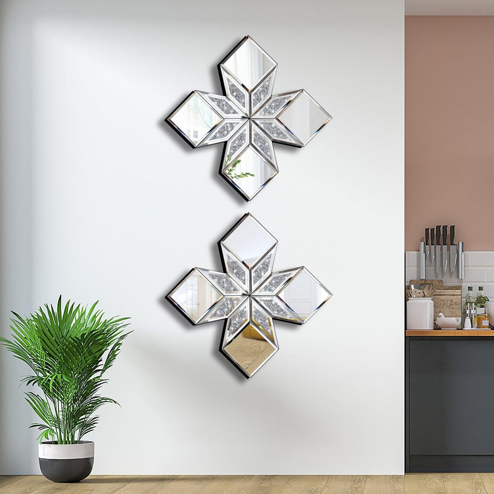 Crushed Diamond Decorative Mirror 2 Pack 16.75x16.75” Diamond Shape Glass Dec...