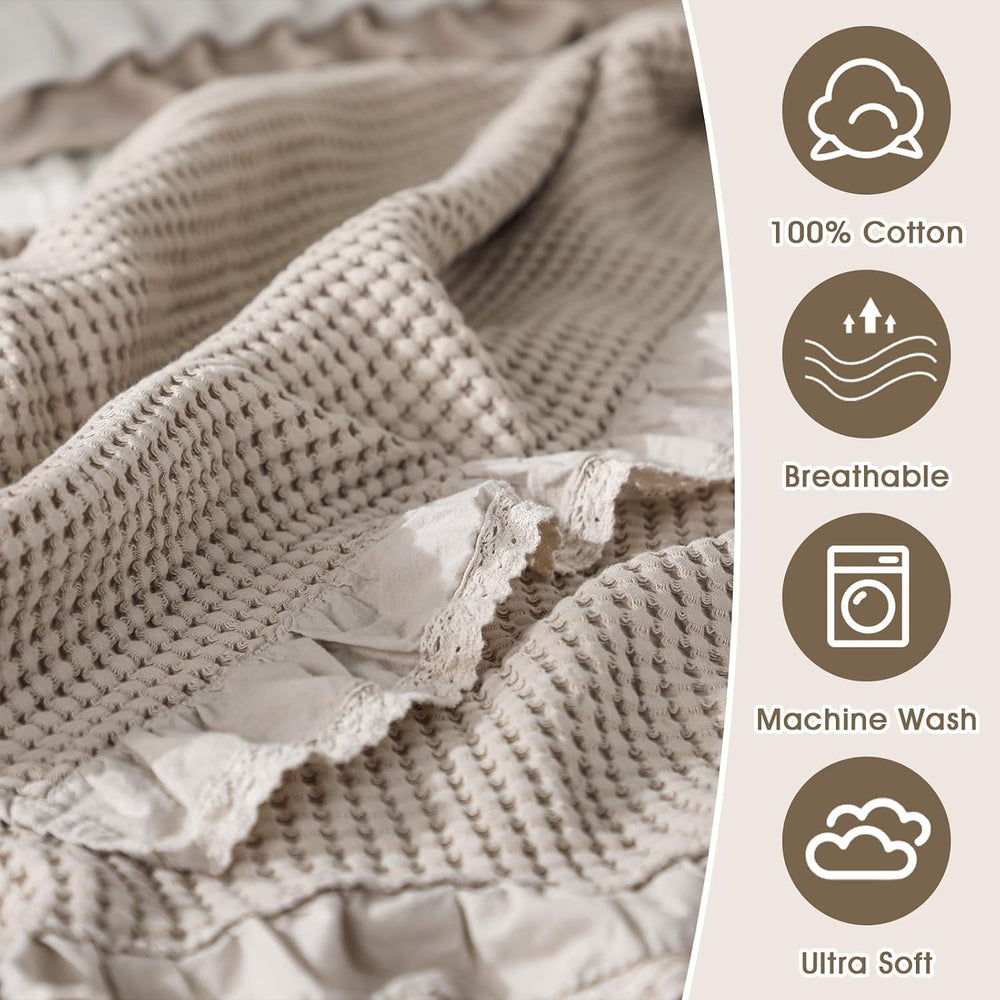 Tegeme Waffle Weave Blanket Cotton Beige Ruffle Throw Blanket