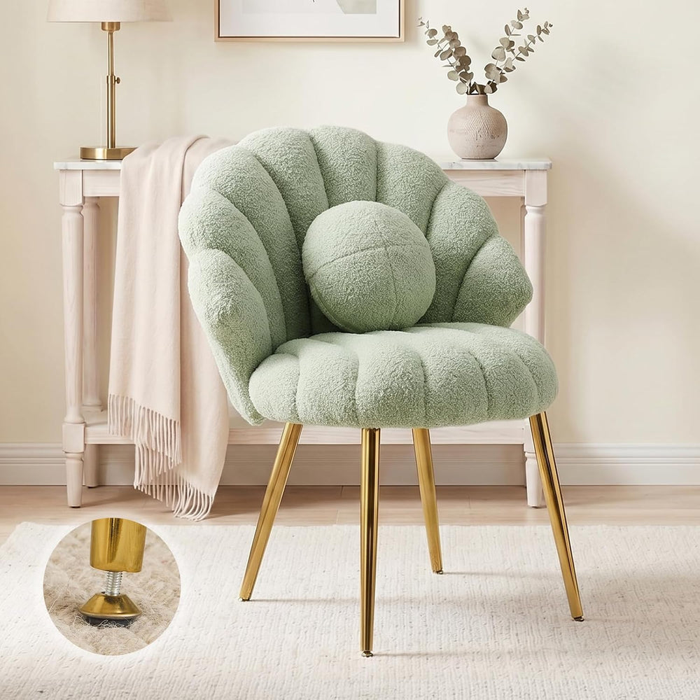 VINGLI Shell-Shaped Teddy Fleece Accent Vanity Chair with Back,Comfy Green an...