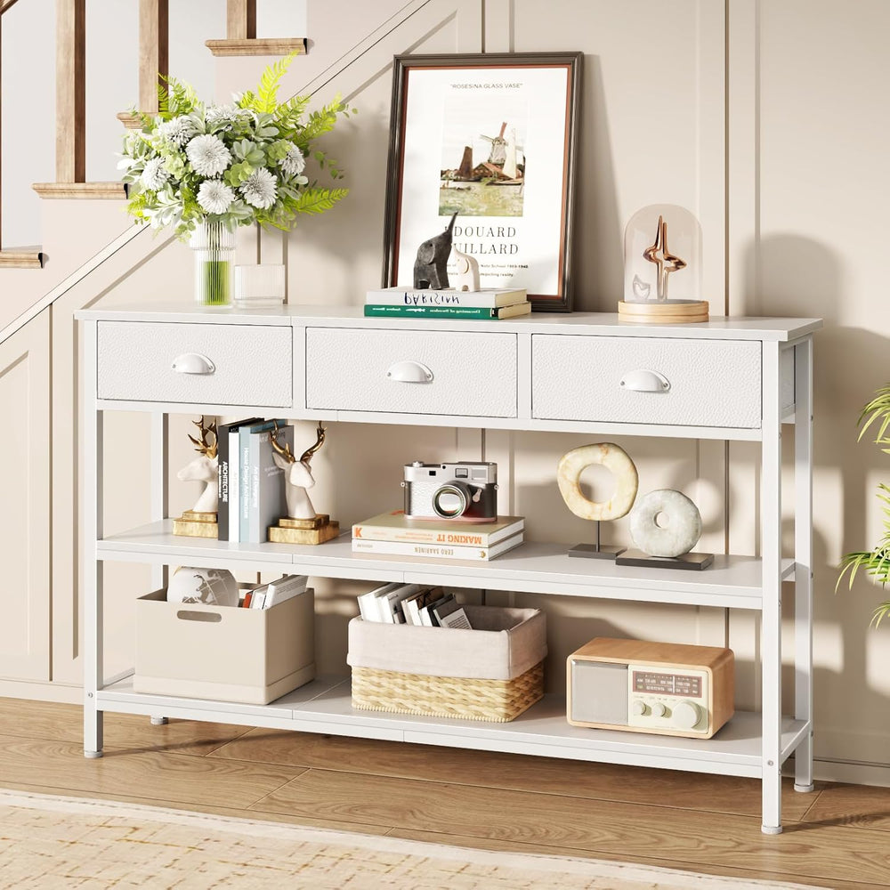 Furologee White Long 47" Console Sofa Table with 3 Drawers, Entryway Tab...