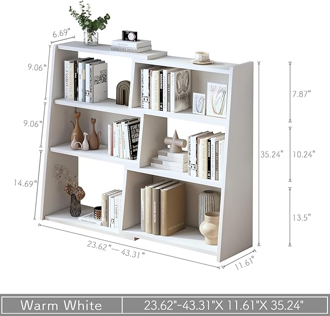 IOTXY Wooden Extendable Shelf Bookcase - 3-Tier Ladder Low Short Bookshelf fo...