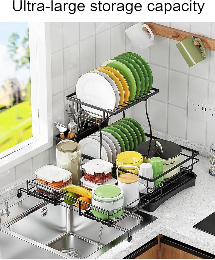 Over The Sink Large 2 Tier Dish Drying Rack Expandable, Dish Drainers