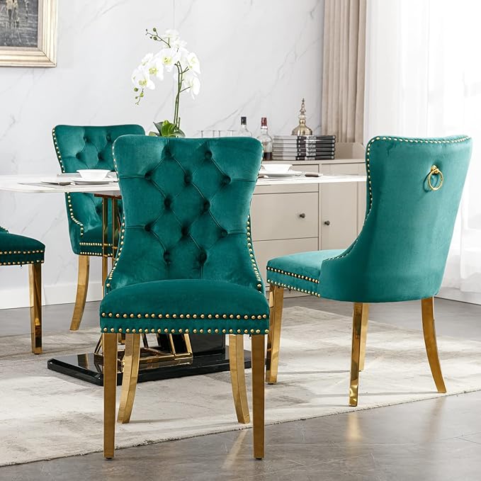 Luxury Upholstered Dining Chairs Set of 2, Green Kitchen Chair with Golden Me...