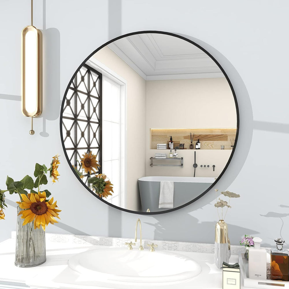 BEAUTYPEAK 30 Inch Round Mirror, Metal Frame Circle Mirror, Black