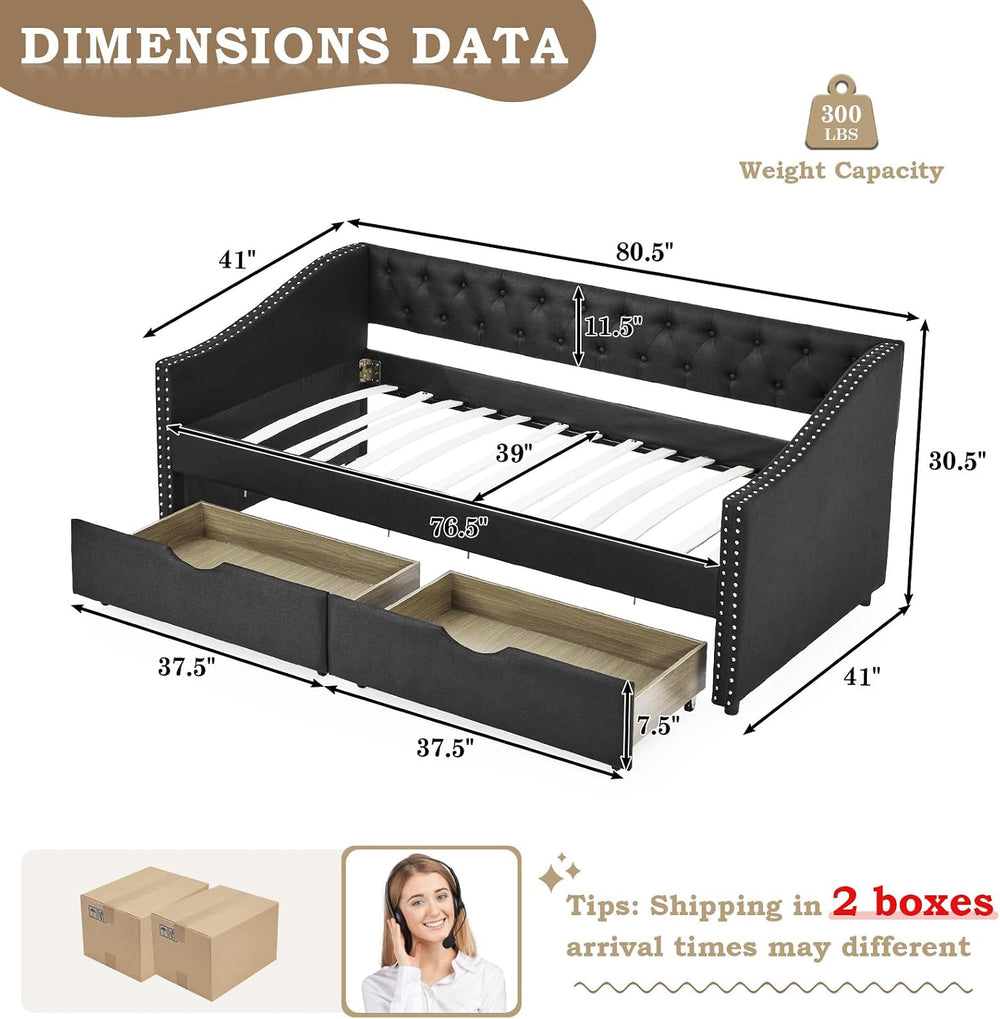 Daybed with Drawers, Modern Linen Upholstered Twin Size Day Bed Button-Tufted...
