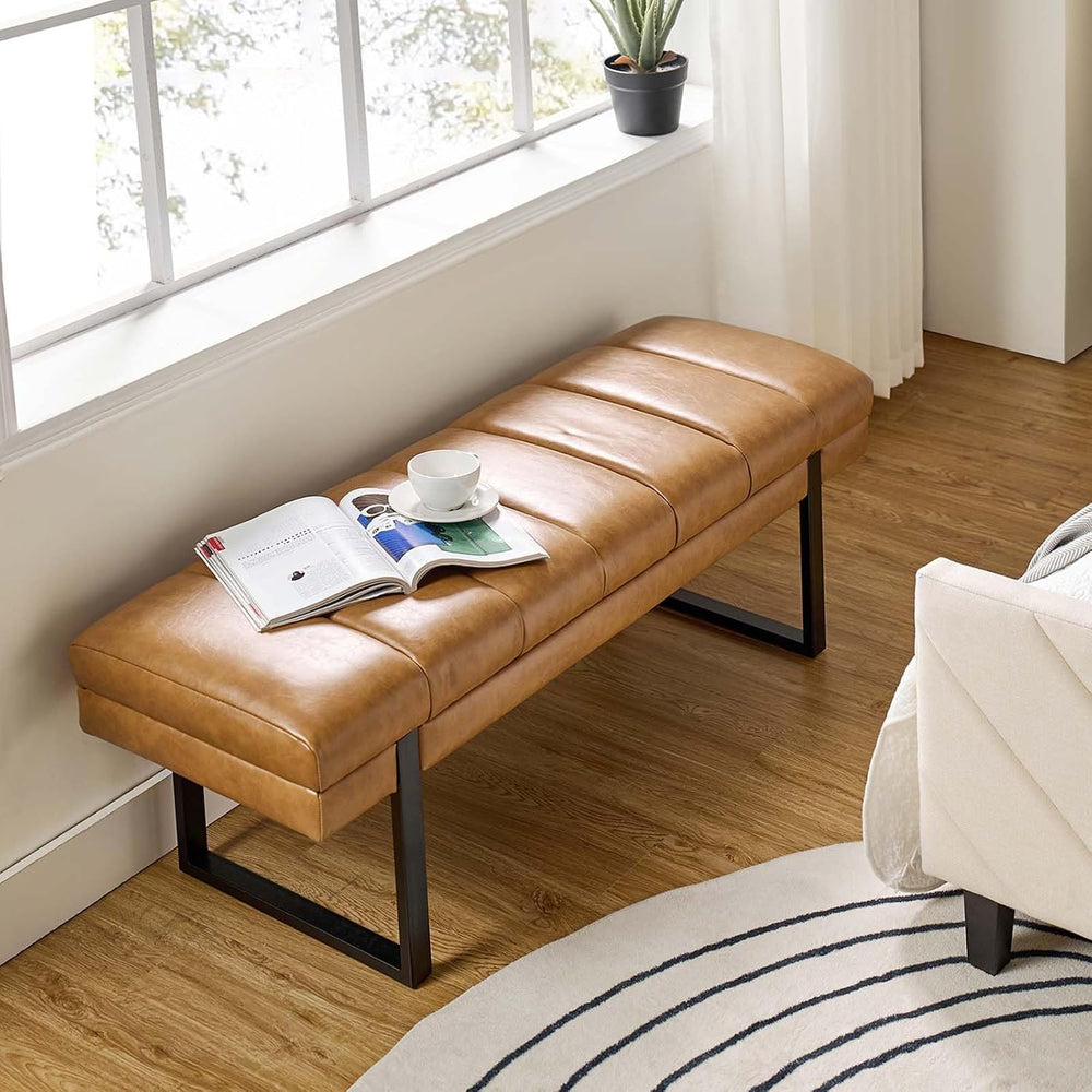 HULALA HOME 53" Faux Leather Tufted Entryway Bench, Camel