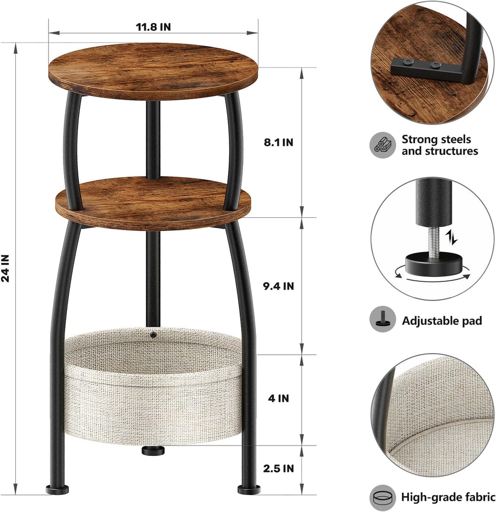 Round Side Table for Small Spaces with Storage Basket –Small End Table 3-Tier...