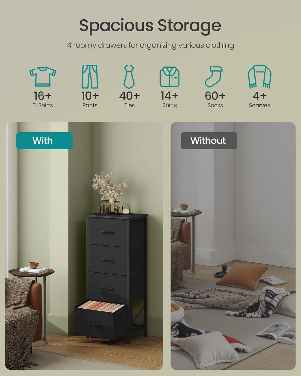 SONGMICS Dresser for Bedroom, Tall Dresser with 4 Fabric Drawers