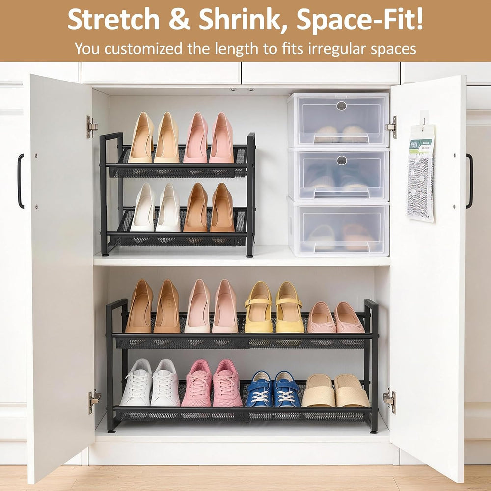 Expandable Shoe Rack, 2 Tier Adjustable Shoe Organizer with Flat & Slant ...
