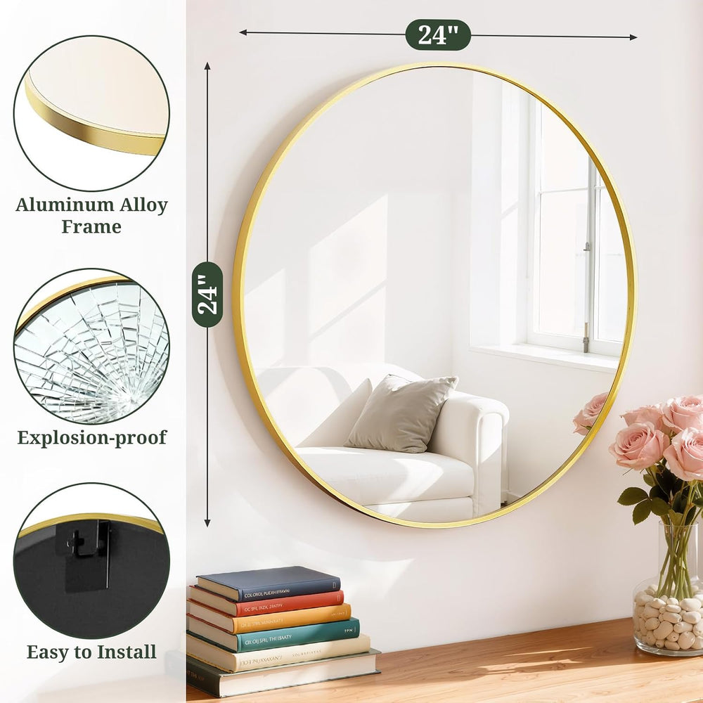 Round Wall Mirror 24 Inch Gold Vanity Mirror with Metal Frame