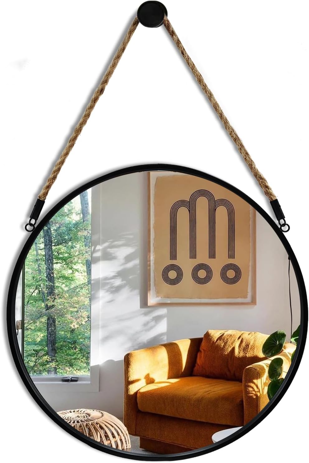 POZINO 15" Small Round Hanging Mirror, Circle Wall Mirror with Jute Rope