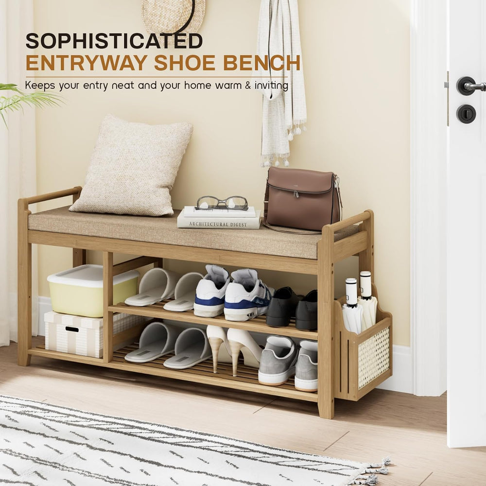 Homaxy 2-Tier Shoe Rack Bench with Side Holder, 39.4 in Bamboo Entryway Bench...