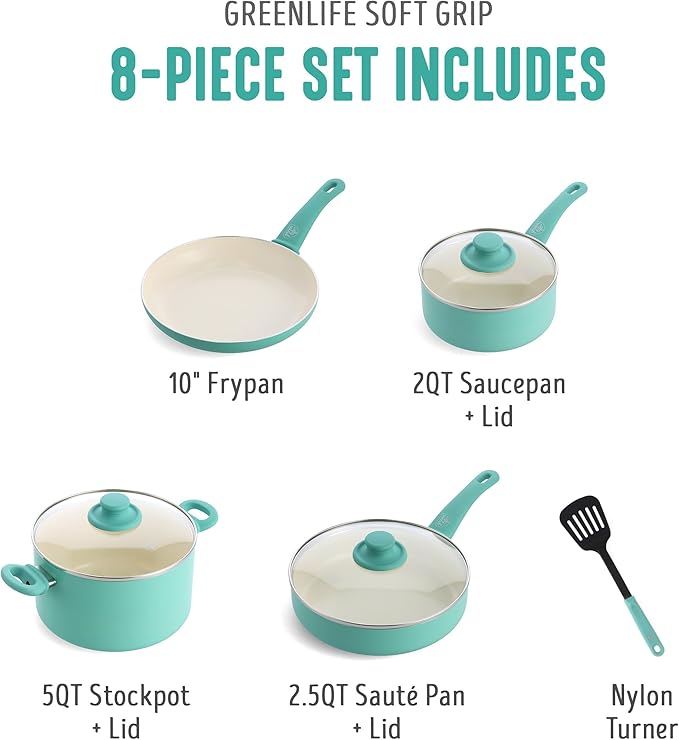GreenLife 8 Piece Nonstick Cookware Set, Non-Toxic PFAS-Free Ceramic Pots &am...