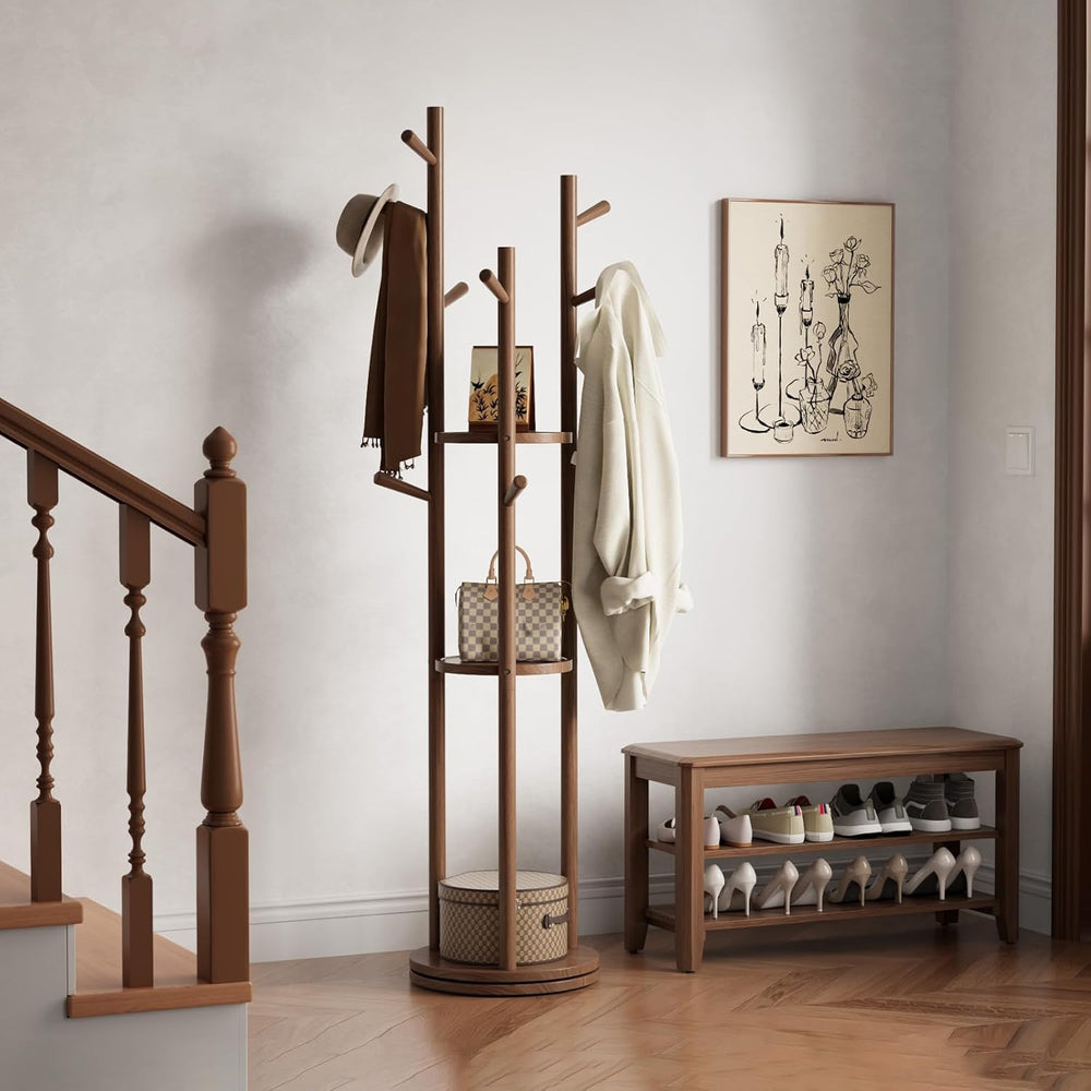 Muwuele Solid Wood Rotary Coat Rack, Freestanding Coat Rack with 3 Shelves an...