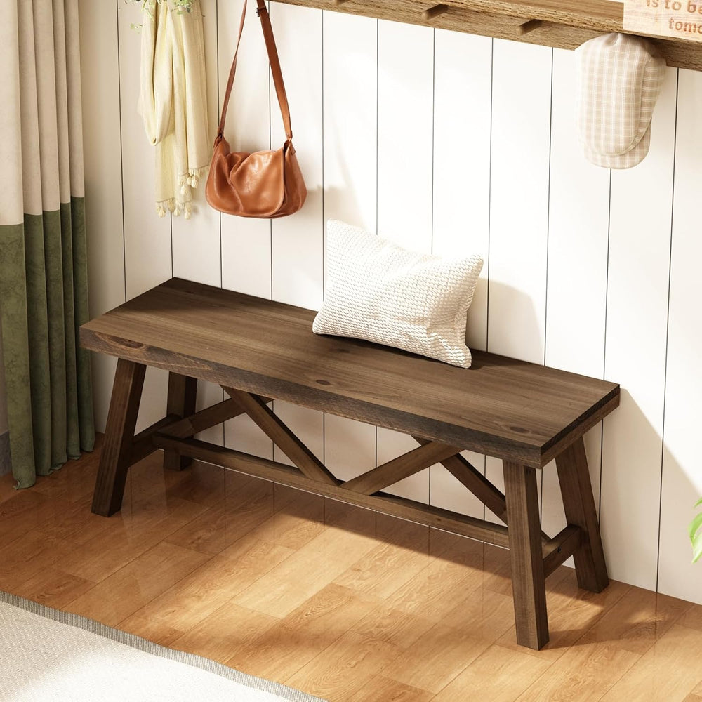 Wnutrees 43" Farmhouse Solid Wood Bench, Rustic Entryway Bench, Natural