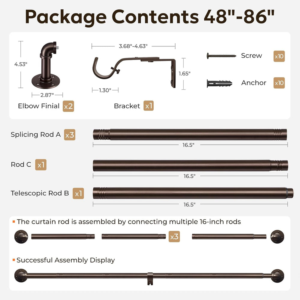 Curtain Rods 48-86", 1 Inch Industrial Antique Bronze Curtain Rod