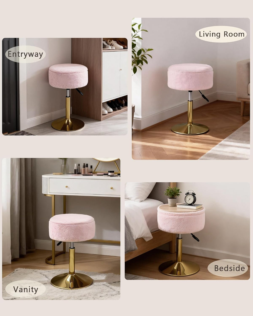 LITZFUR Gold Vanity Stool with Storage, Swivel Vanity Chair, Pink