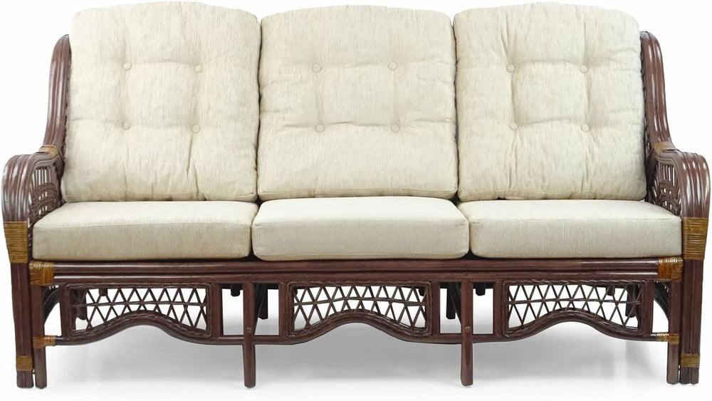 Malibu Lounge Three-Seater Sofa Natural Rattan Wicker Handmade Design (Cream ...