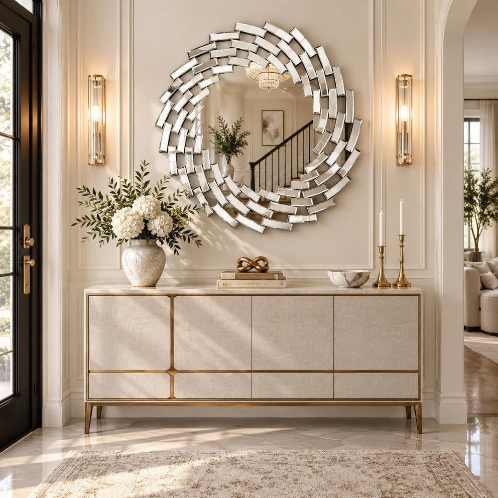 SHYFOY 32" Round Wall Mirror, Beveled Spiral Decorative Mirror