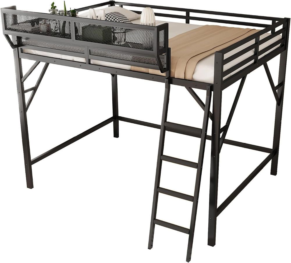 Full Size Metal Loft Bed Frame with Ladder and Built-in Storage Shelves, for ...