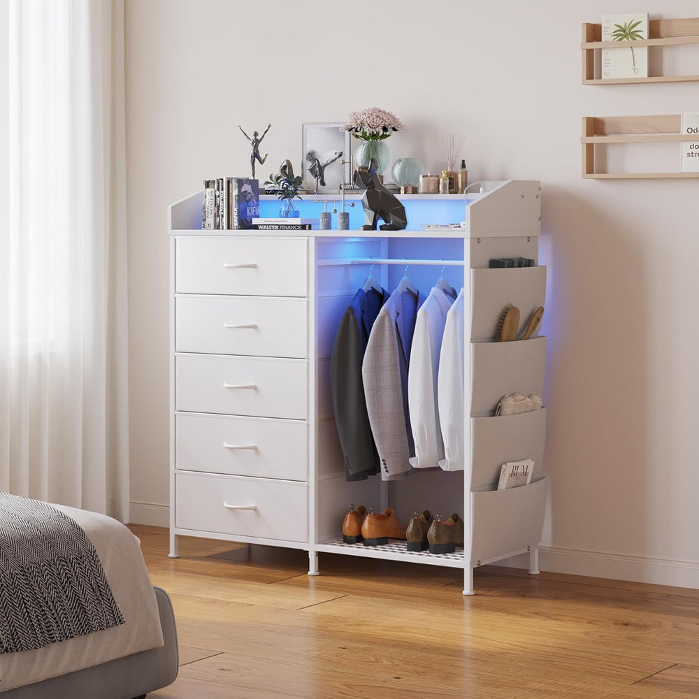 LUMTOK Modern 5 Dresser with LED Hanging Rack, Dresser with Clothes Rack, Han...