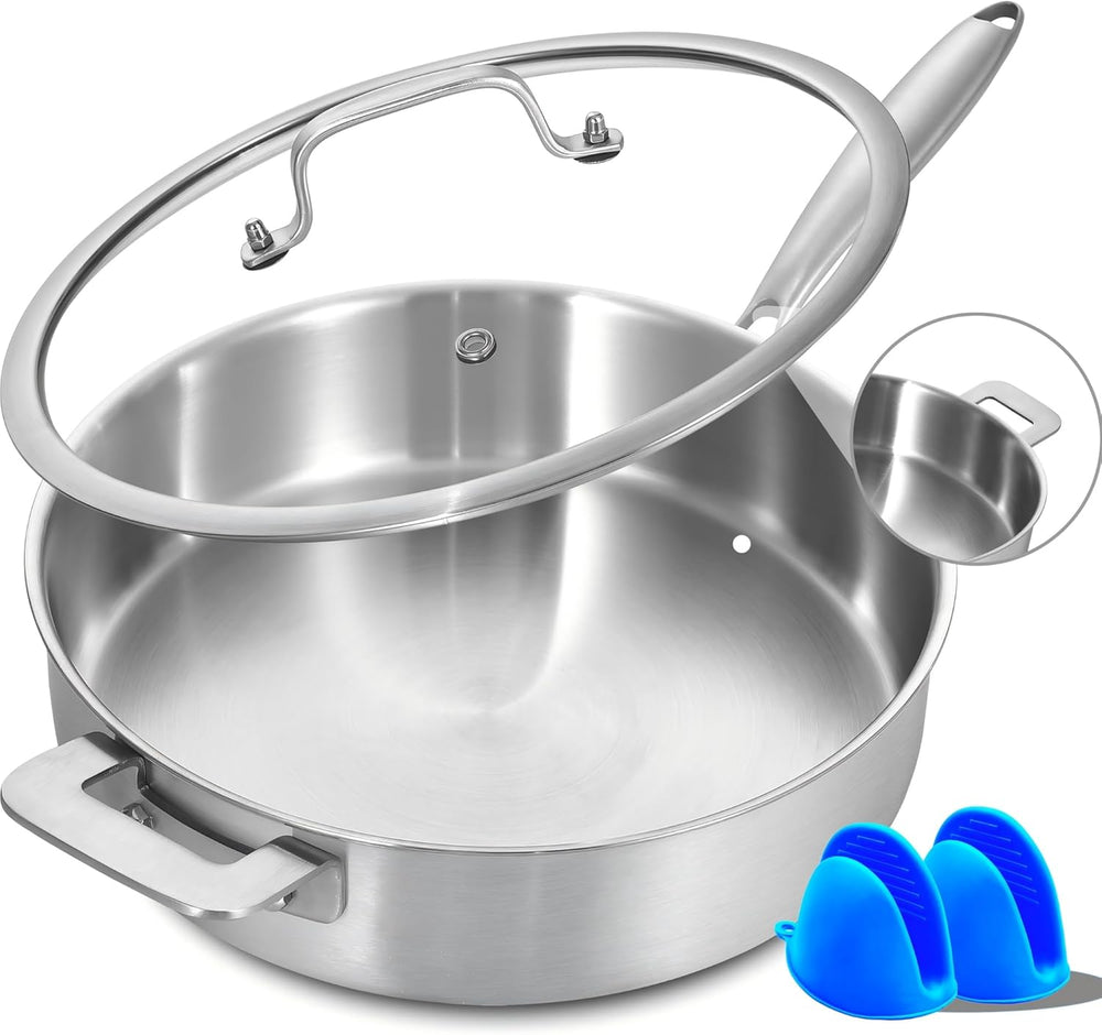 LOLYKITCH Sauté Pan, 7 QT Tri-Ply Stainless Steel Deep Cooking Pot, 12 Inch