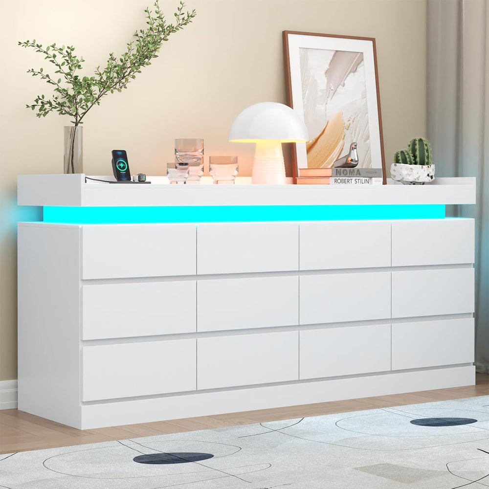 Gyfimoie 12 Drawer Dresser with Power Outlet, Modern Dresser with LED Light