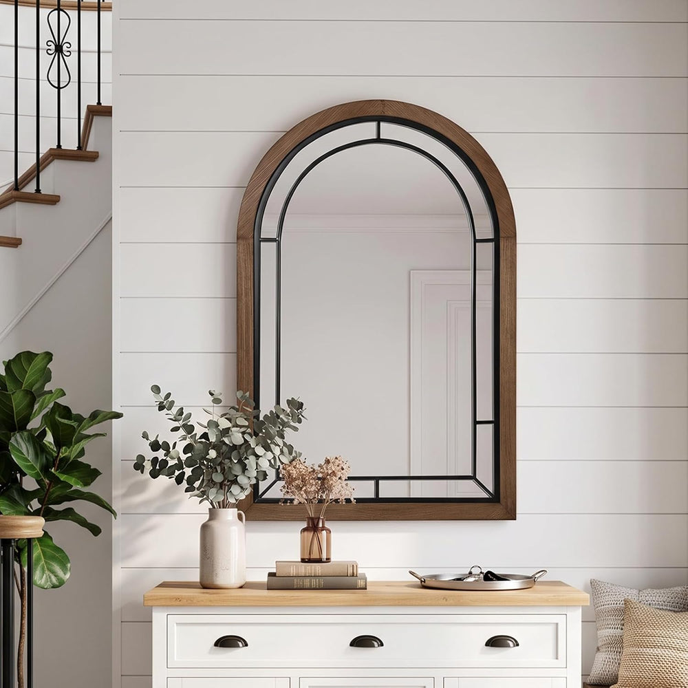Arched Wall Mirror 36x24 Inch Rustic Wood Frame, Arch Brown
