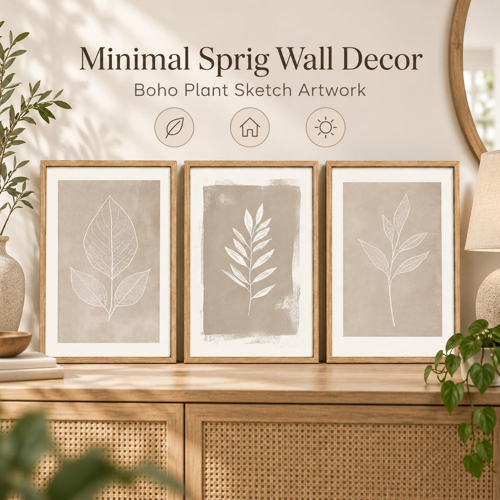 Framed 3pcs Boho Neutral Leaf Canvas Wall Art 12x16 Inch